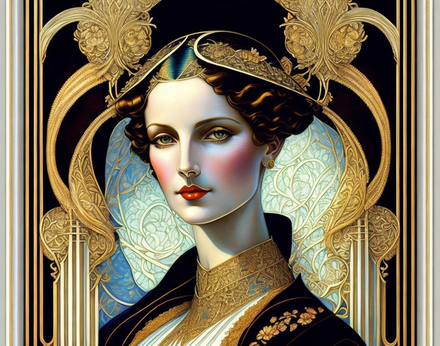 Art Nouveau Woman Illustration with Ornate Headdress and Golden Blue Palette