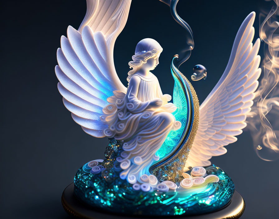 3D-rendered angelic figurine with white wings by flowing water