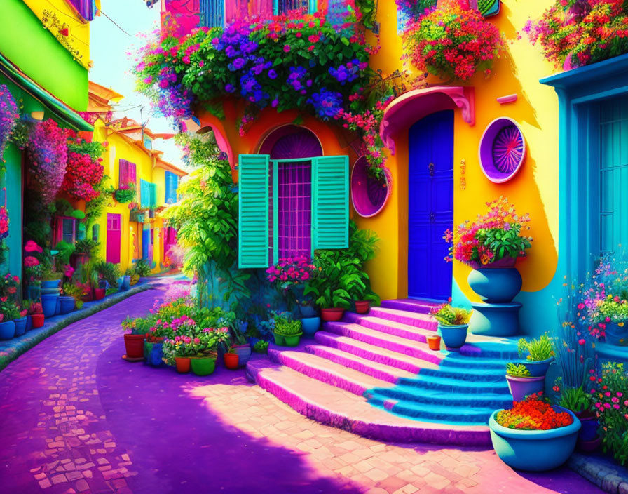 Colorful street with vibrant purple, yellow, and blue buildings and charming doorways.