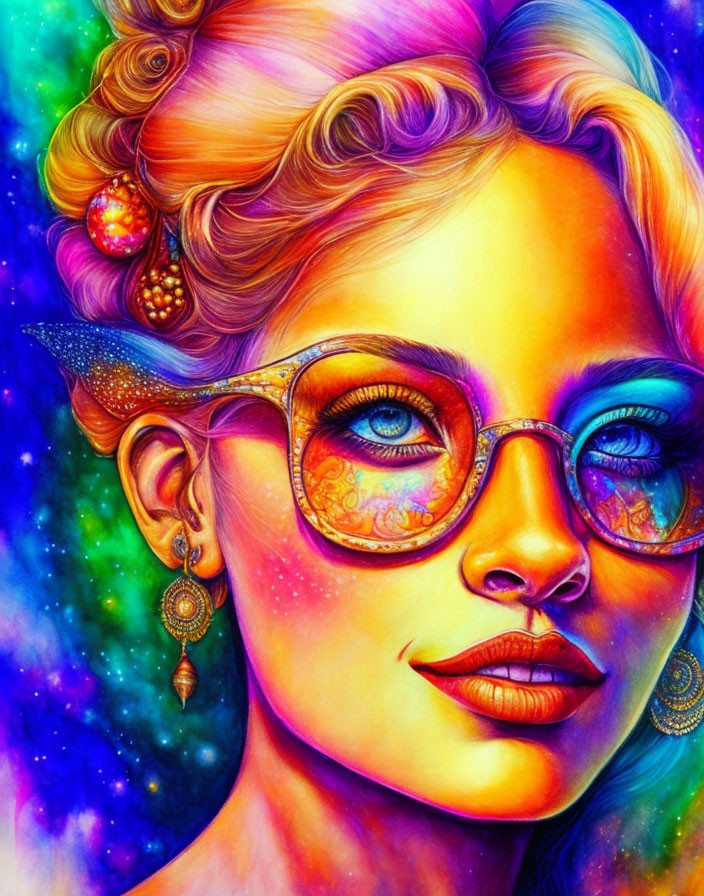 Colorful portrait of a woman with galaxy background and psychedelic aesthetic