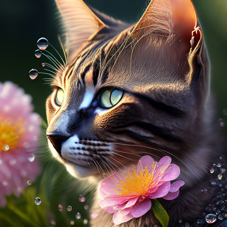 Close-up of cat with blue eyes, dewdrops, pink flowers, and sunlight.