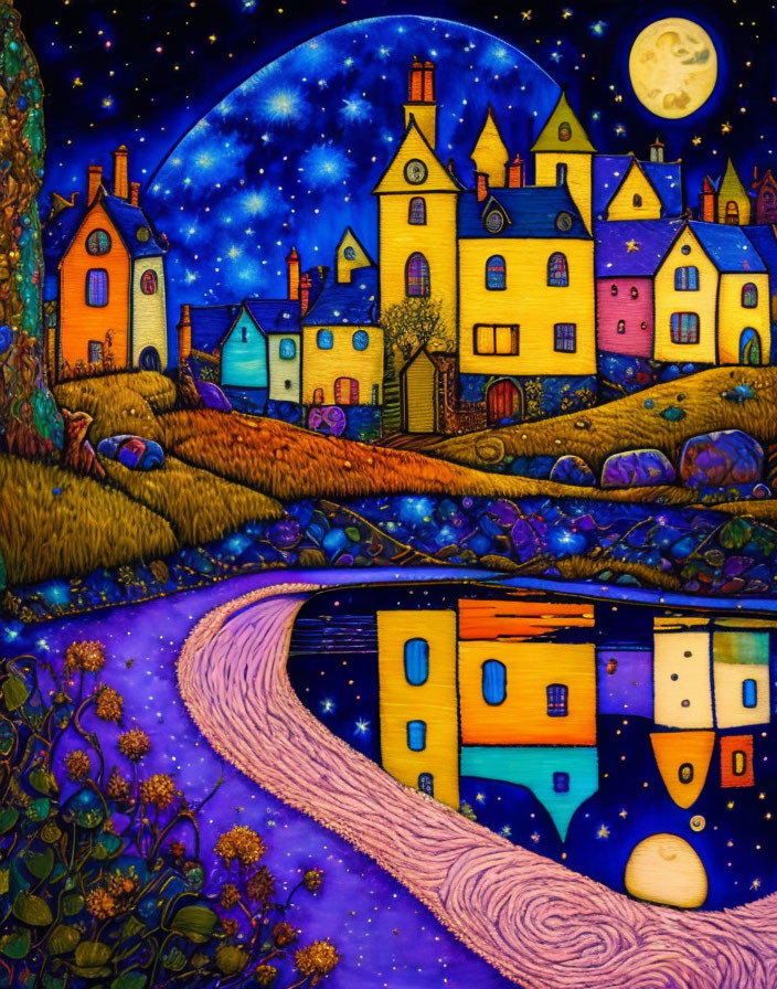 Vibrant painting: starry night, village with bright houses, river reflections, crescent moon