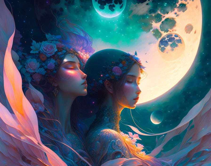 Ethereal beings with floral crowns embrace under celestial motifs