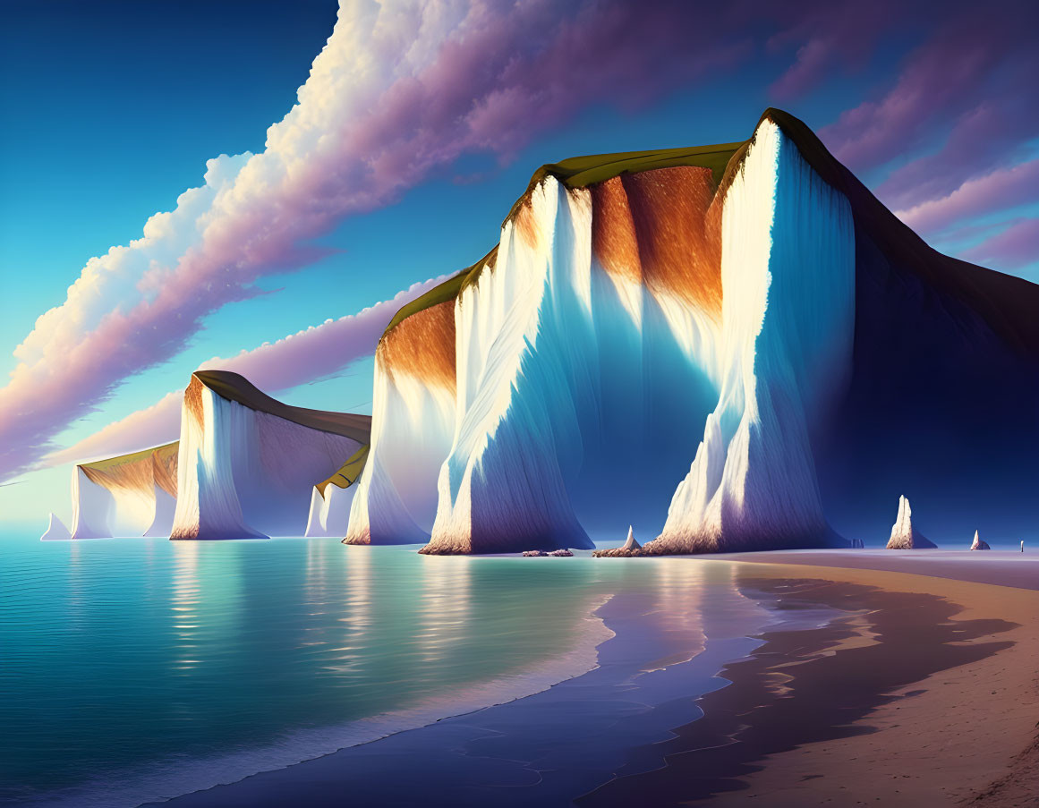 Surreal digital artwork: oversized waterfalls on serene beach