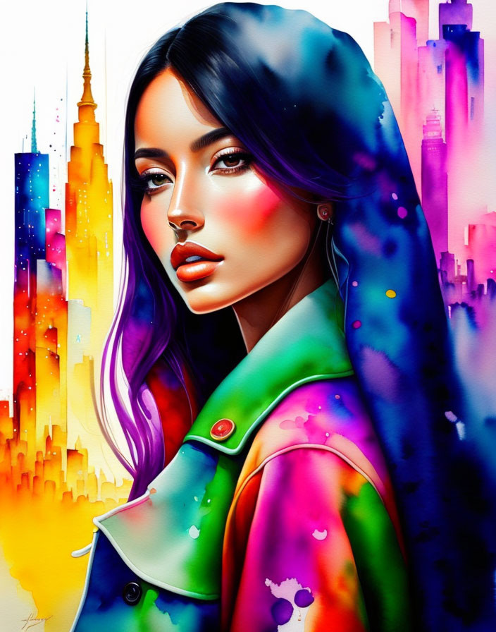 Colorful portrait of a woman with vibrant hair and rainbow jacket against city skyline