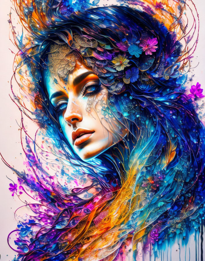 Colorful portrait of woman with blue-tinted hair, flowers, feathers, paint splashes,