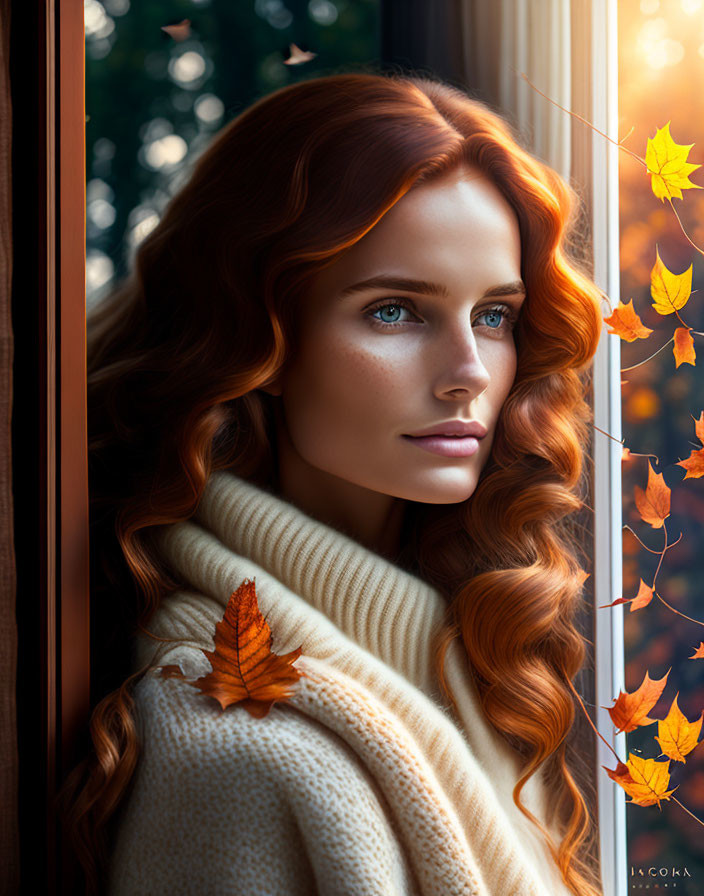 Red-haired woman gazes at falling autumn leaves through window