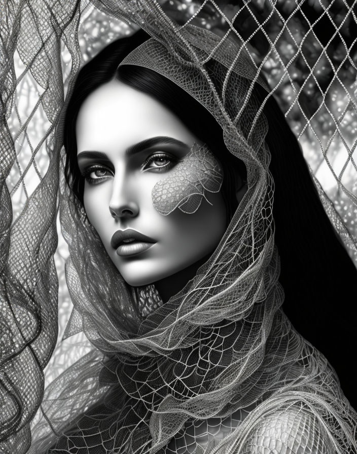 Detailed monochrome portrait of a woman with lace veil and bold makeup