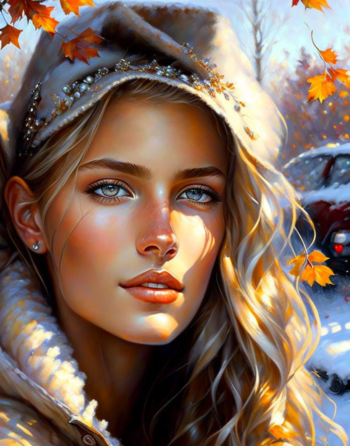 Digital artwork of woman with blue eyes and blond hair in white fur hat, surrounded by autumn leaves and