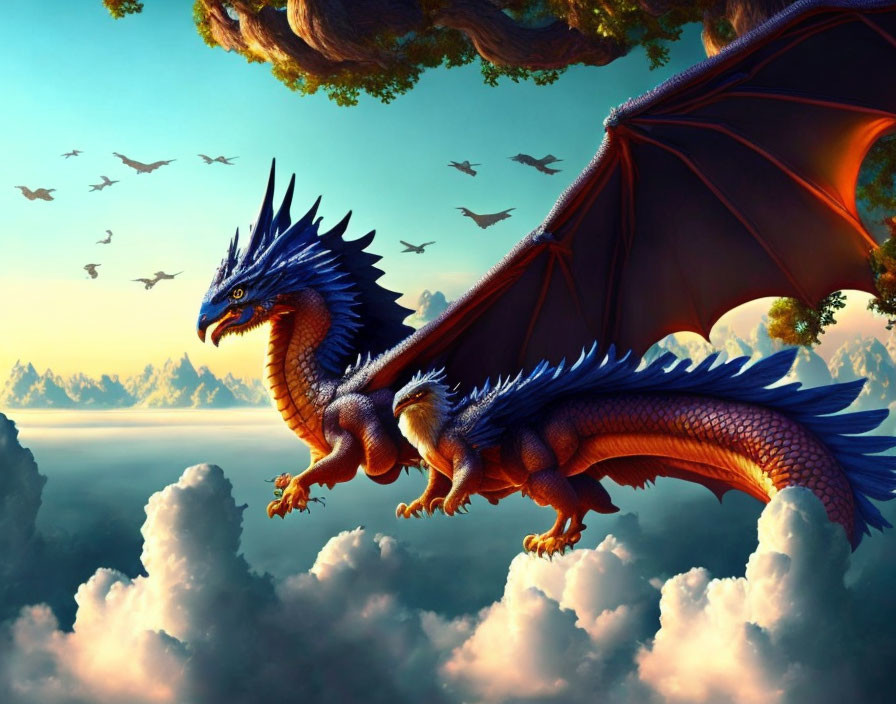 Blue dragon perched on floating rock island above clouds