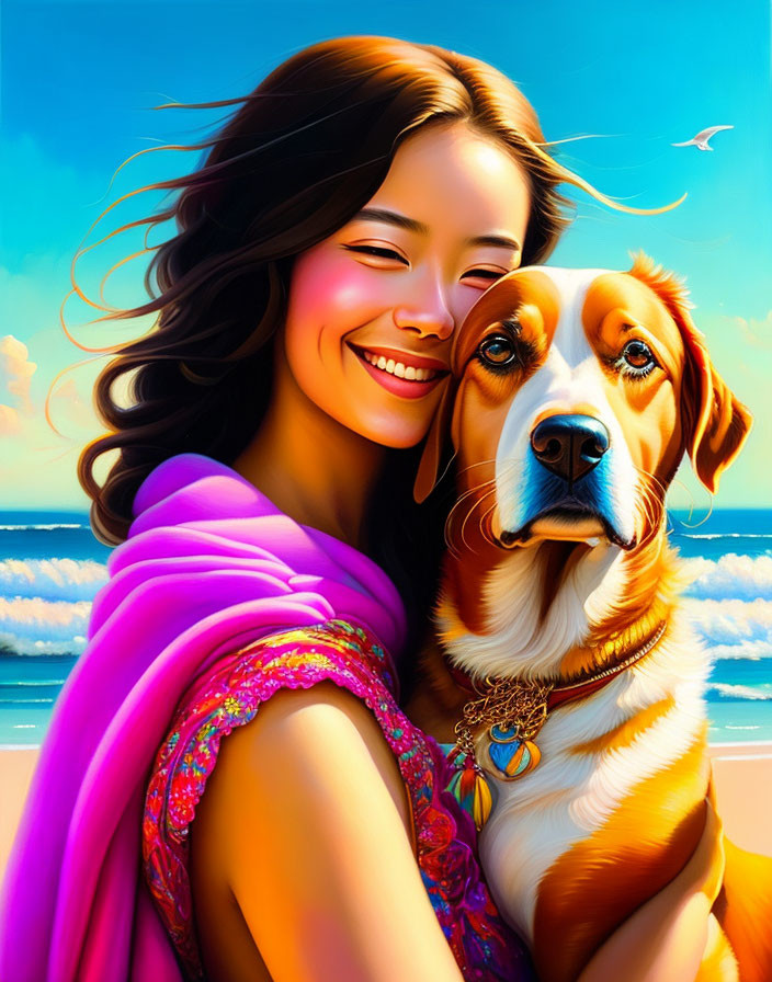 Woman with pink scarf hugging dog on beach with blue skies