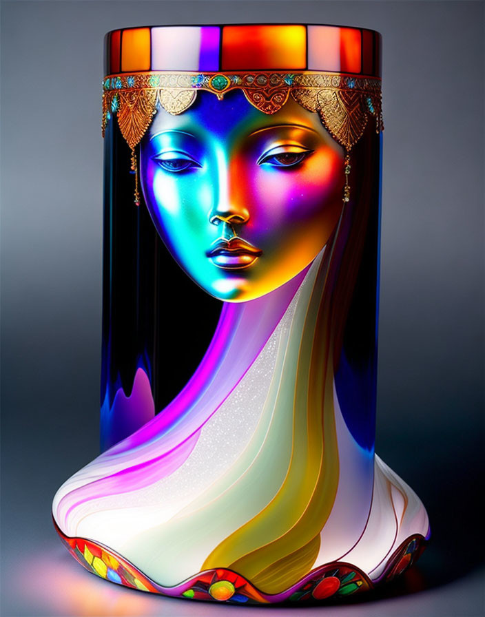 Vibrant artistic illustration: Woman's face with exotic jewelry merging into vase-like shape on dark background