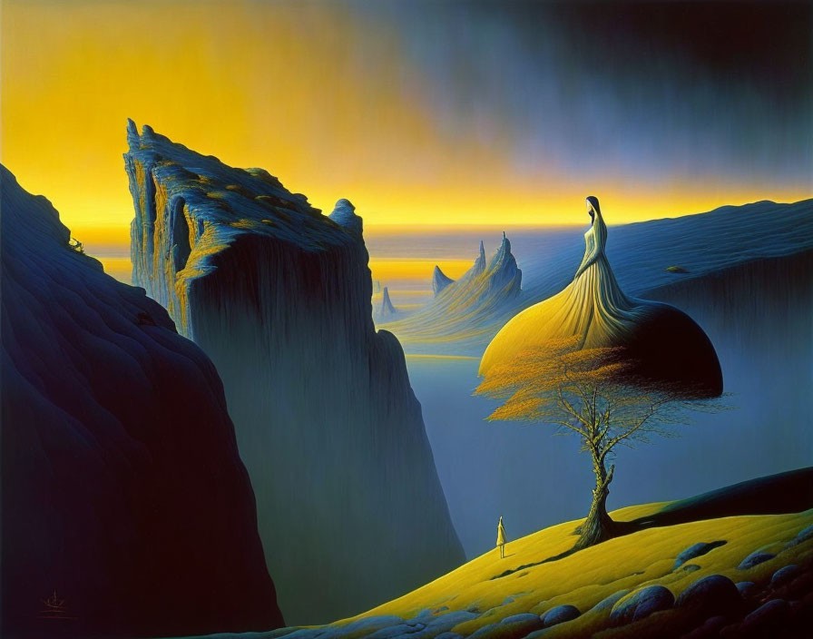 Surreal landscape with towering cliffs, single tree, and cloaked figure