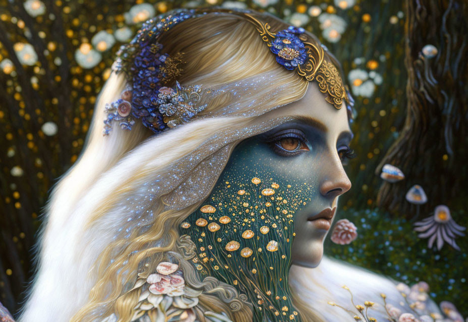 Detailed illustration: Woman with ethereal features, adorned in golden jewelry, in enchanted forest.