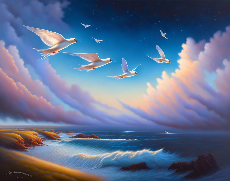 Tranquil coastal landscape with seagulls at twilight