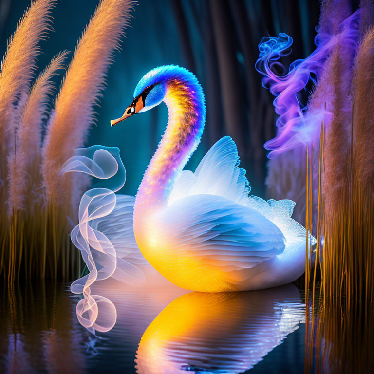 Colorful glowing swan on water with blue vapors and tall reeds at twilight