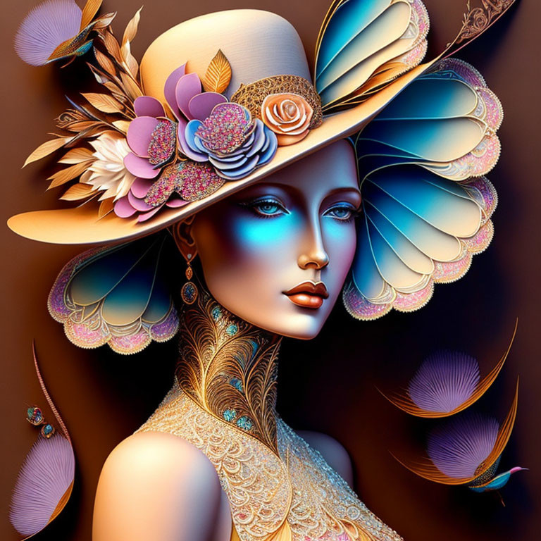 Blue-skinned woman with floral and feathered hat in elegant digital art