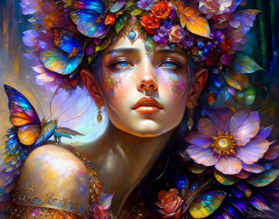 Colorful flowers and butterflies adorn woman's portrait with vibrant hues and intricate details.