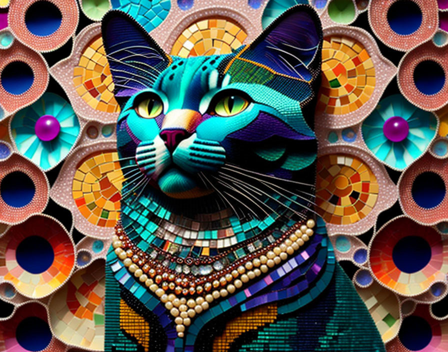 Colorful Cat Artwork with Mosaic Pattern on Face