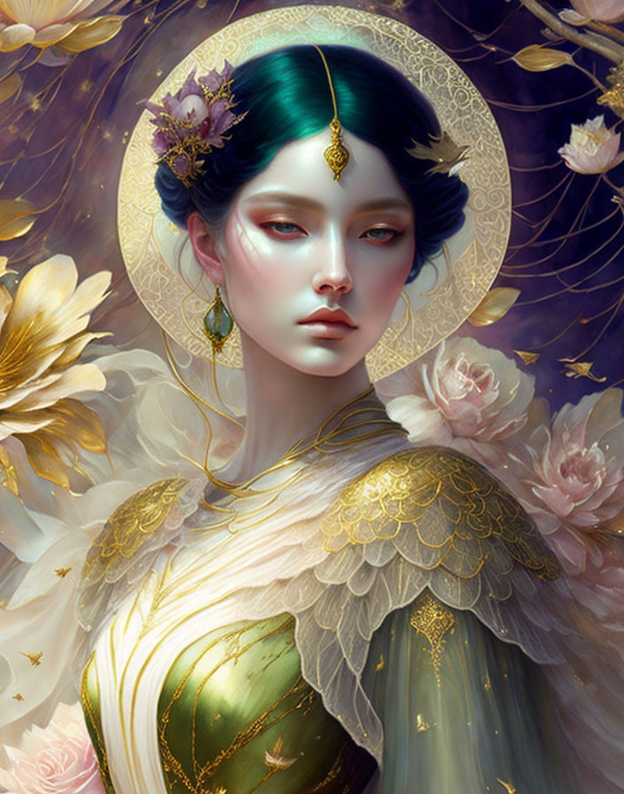 Woman with Teal Hair and Gold Jewelry Surrounded by Flowers and Halo