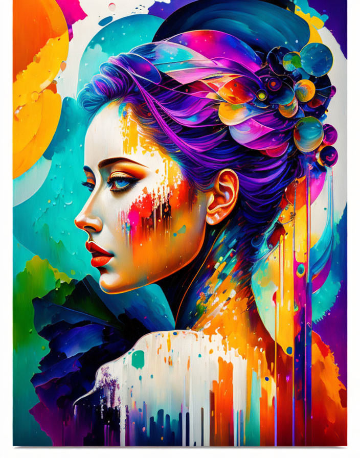 Colorful abstract artwork of woman's profile with floral elements and dripping paint textures