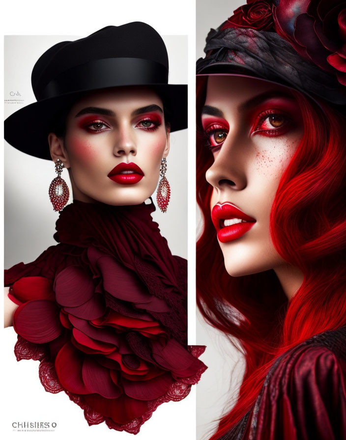 Split image: Woman with red makeup, hat, floral garments.