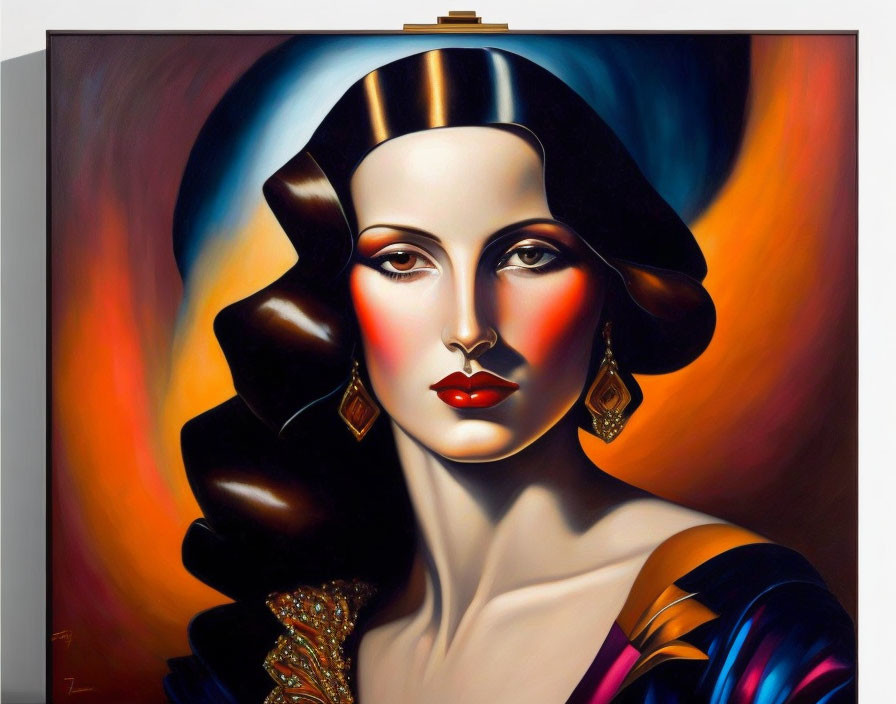 Colorful painting of stylized woman with dramatic background and elegant headdress