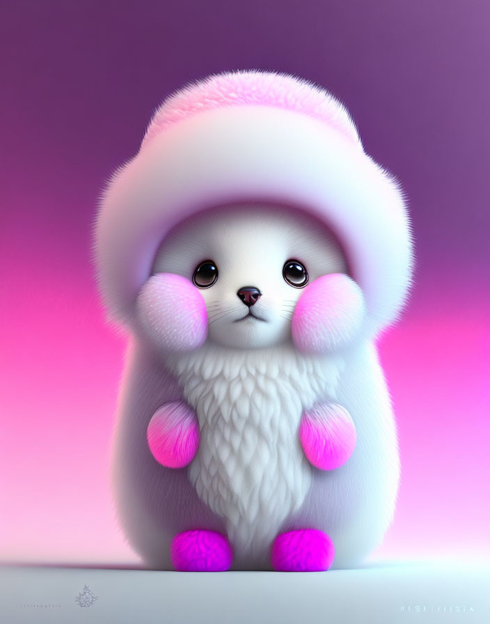 Stylized cute animal with big eyes in cozy attire on purple background