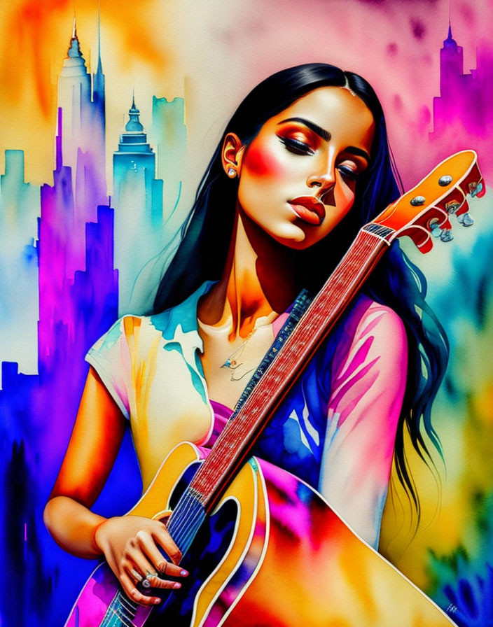 Colorful illustration: Woman with guitar & city backdrop