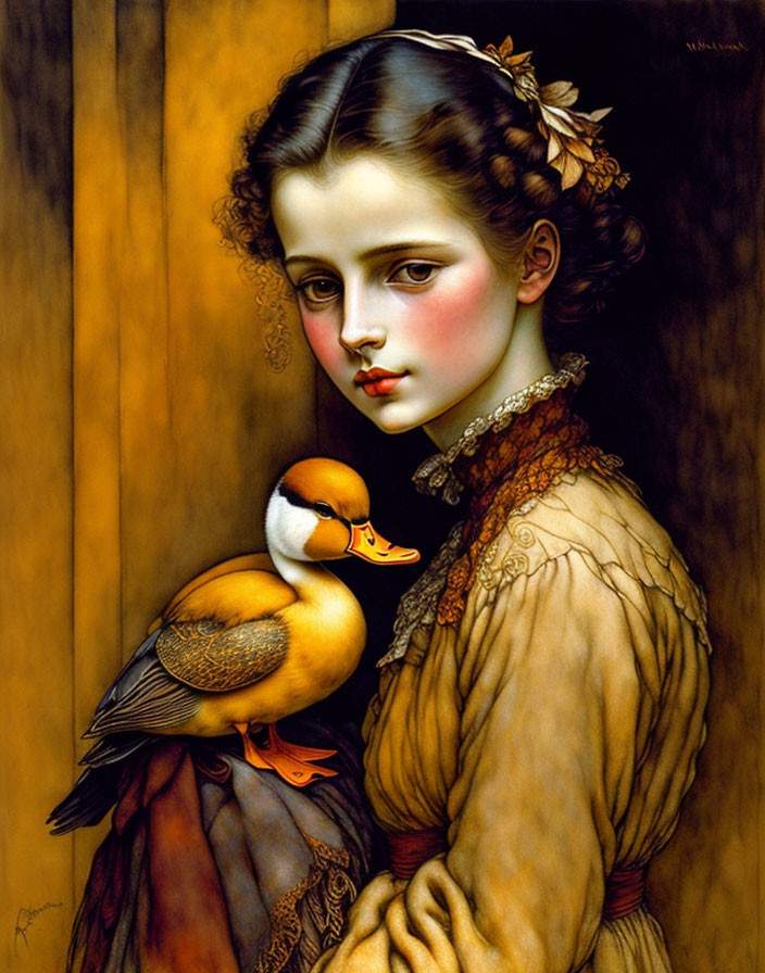 Portrait of solemn young woman with duck in autumn setting.