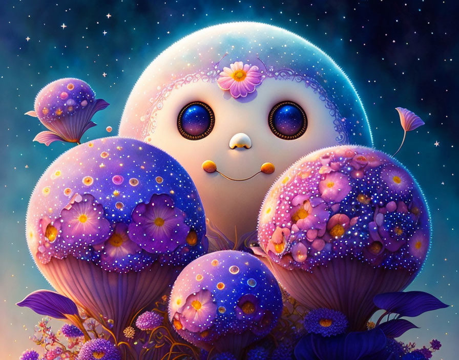 Illustration of cute creature with big eyes in whimsical mushroom forest