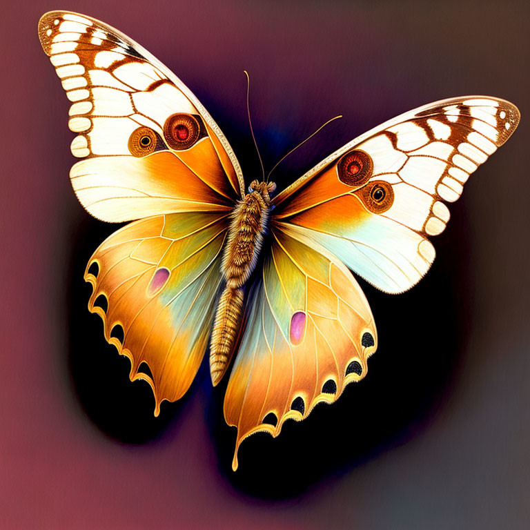 Colorful Butterfly Illustration with Eye-like Patterns on Dark Background