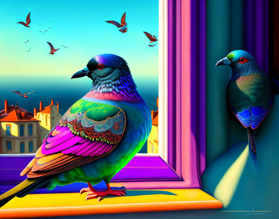 Colorful stylized pigeons on windowsill overlooking coastal town.