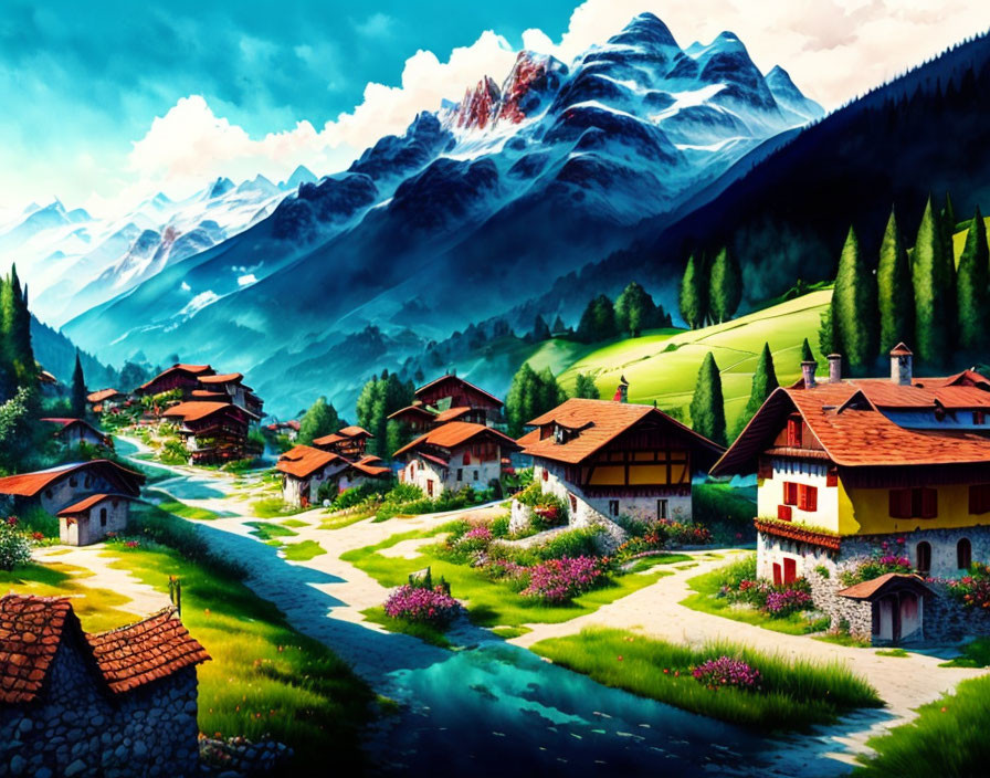 Colorful Mountain Village Landscape with Blue Sky