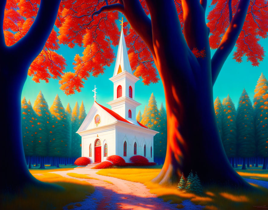 White Church with Steeple Among Orange and Green Trees