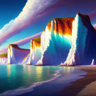 Surreal digital artwork: oversized waterfalls on serene beach