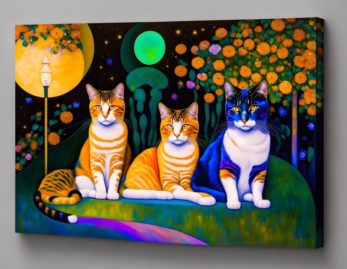 Colorful painting of three cats in a whimsical night landscape