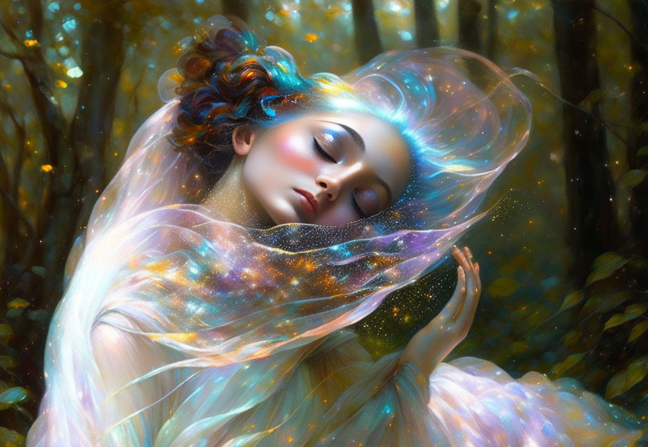 Serene woman with cosmic hair in mystical forest scene