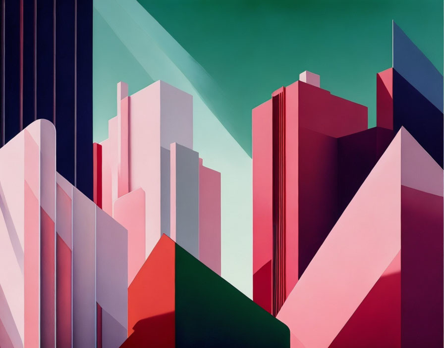 Vibrant geometric cityscape painting in pink, green, and blue