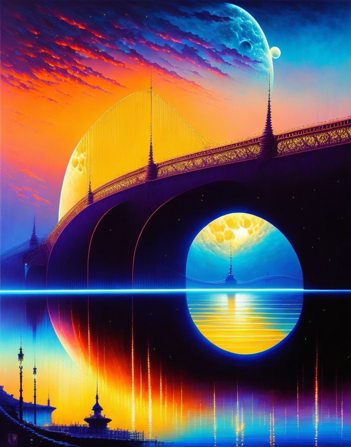 Surreal artwork: Bridge over water, multiple moons, vibrant twilight sky.