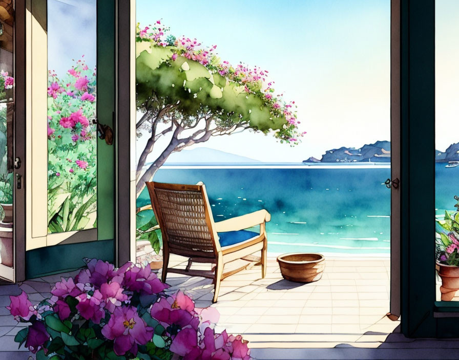 Serene seaside balcony with wooden chair, pink flowers, and ocean view