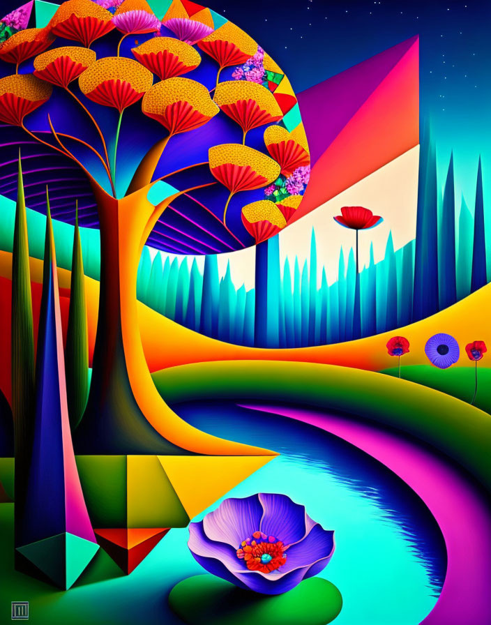 Colorful digital art: stylized tree, geometric shapes, winding river, psychedelic landscape.