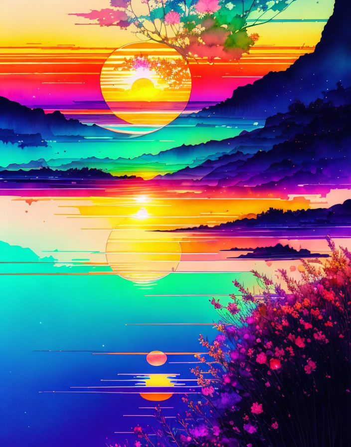 Neon-colored digital artwork: Layered landscape with multiple suns, mountains, and foliage.