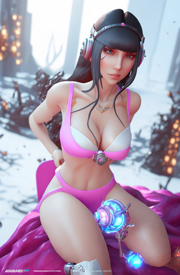 Female character in black hair, white and pink bikini, headphones, and futuristic accessories, sitting in snowy