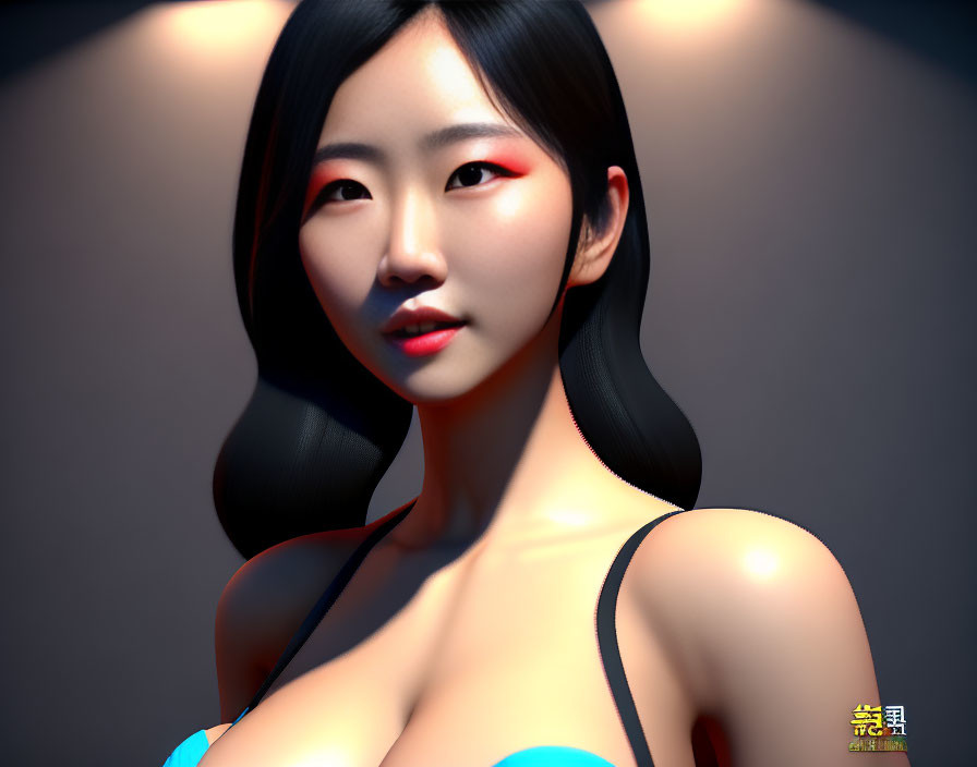 Digital portrait of pale-skinned woman with black hair, red eyeshadow, blue top, dark