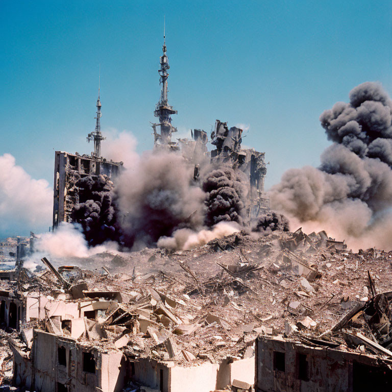 Destroyed cityscape with collapsed buildings and black smoke against clear sky