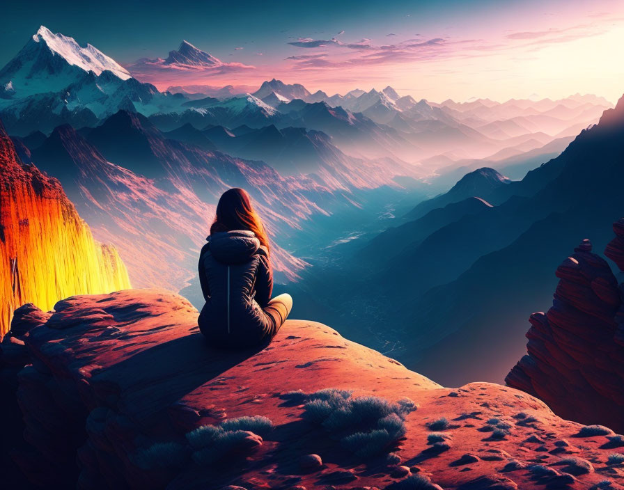 Person admires mountain range from cliff at sunrise or sunset