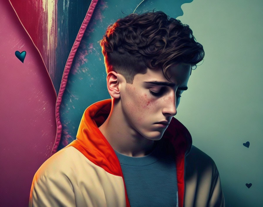 Young man with curly hair and freckles in hoodie on colorful heart background