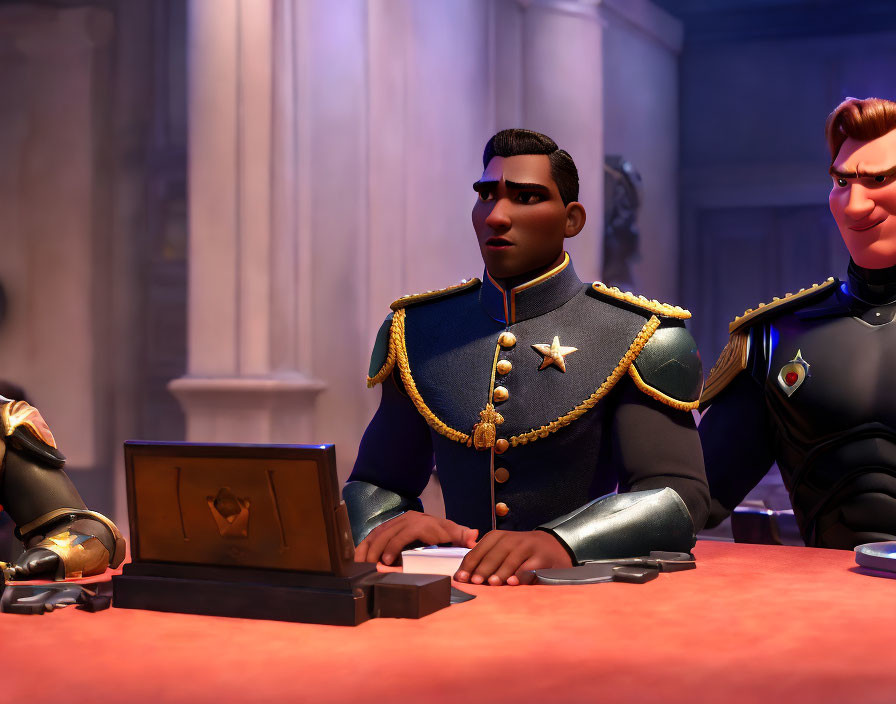 Animated characters in military uniforms with briefcase, one focused, one smirking in dimly lit