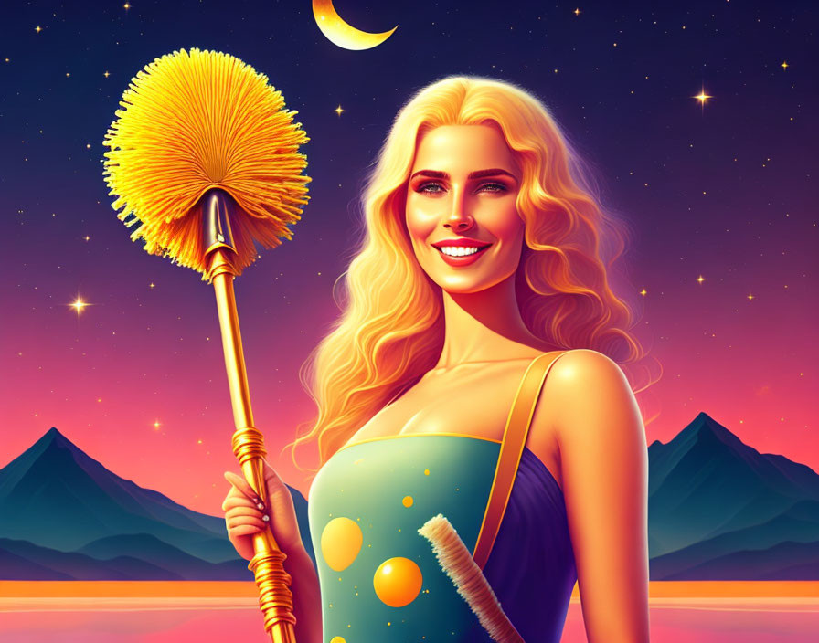 Smiling woman with duster under starry sky and crescent moon